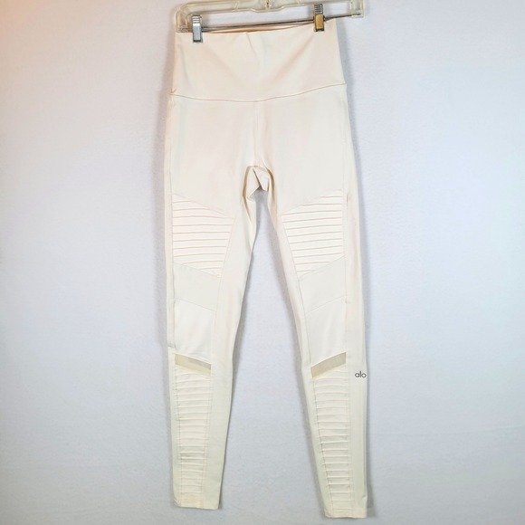 ALO Yoga Pants - Alo Yoga Women High Waist Moto Mesh Panel Leggings Size Medium White Yoga Gym